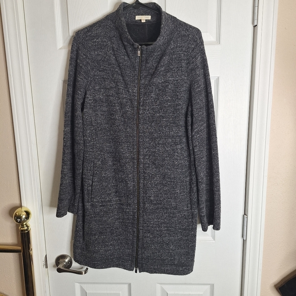 Eileen Fisher Terrazzo Stretch Ripple Zip Up Long Sleeve Cardigan Coat